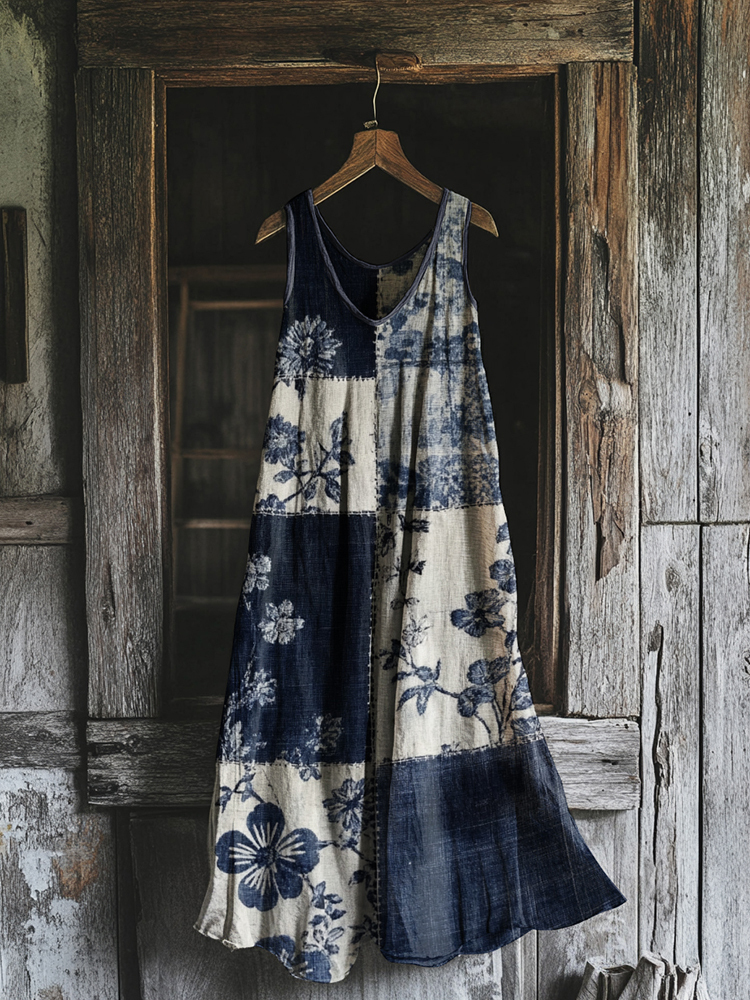 Women's Vintage Floral Geometry Art Linen Tank Dress