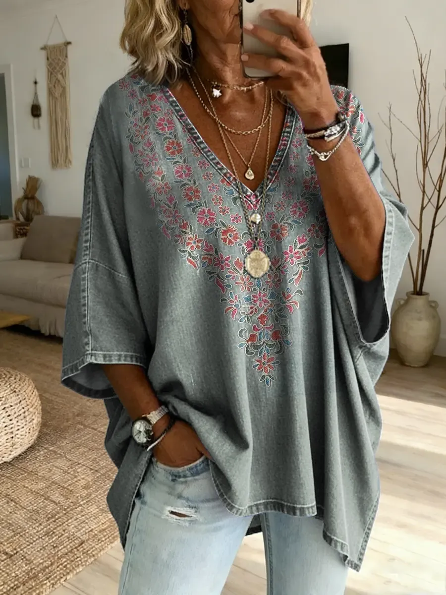 Ethnicity Bohemia Flowers Women's Art Print Casual Washed Cotton Denim Top