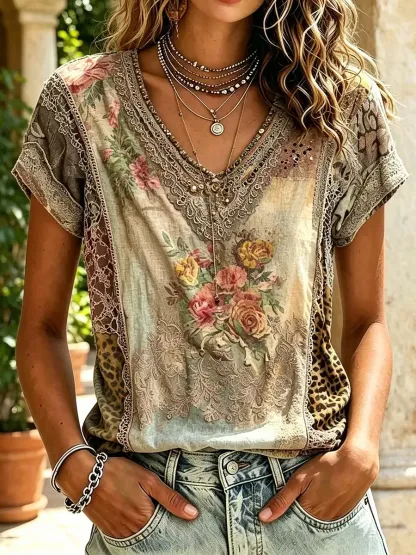 Women's Vintage Rose & Leopard Print Cotton Short Sleeve Shirt