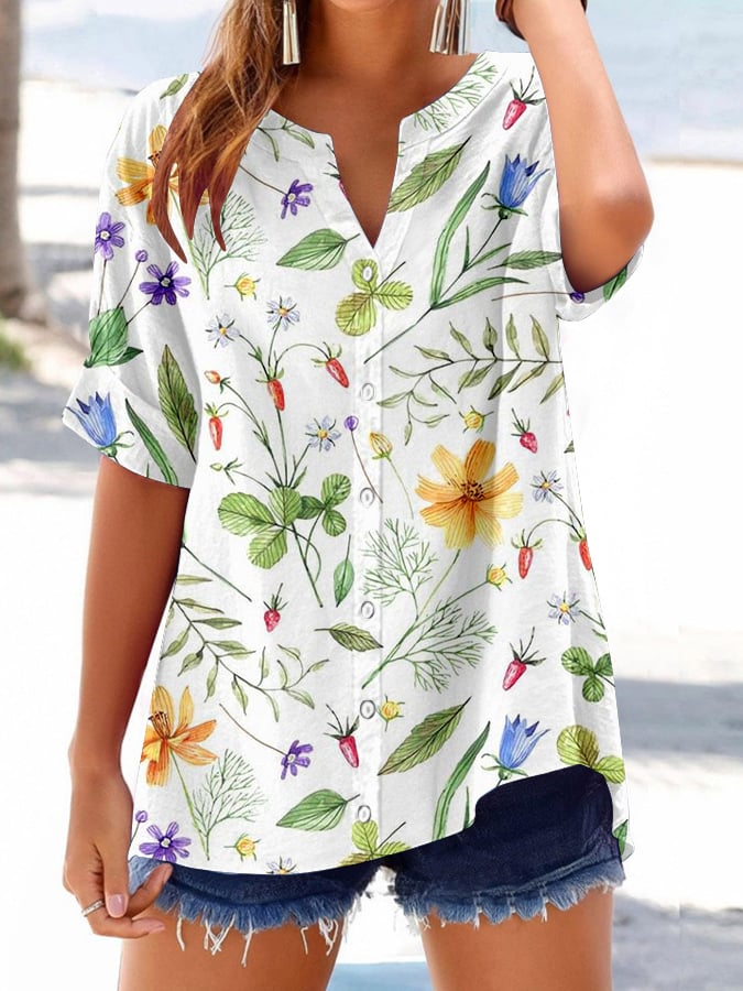 Women's Retro Botanical Floral Button Design V-Neck Three-Quarter Sleeve Shirt