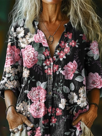 Women's Ethnic Pink Flowers Print Casual Cotton Linen Shirt