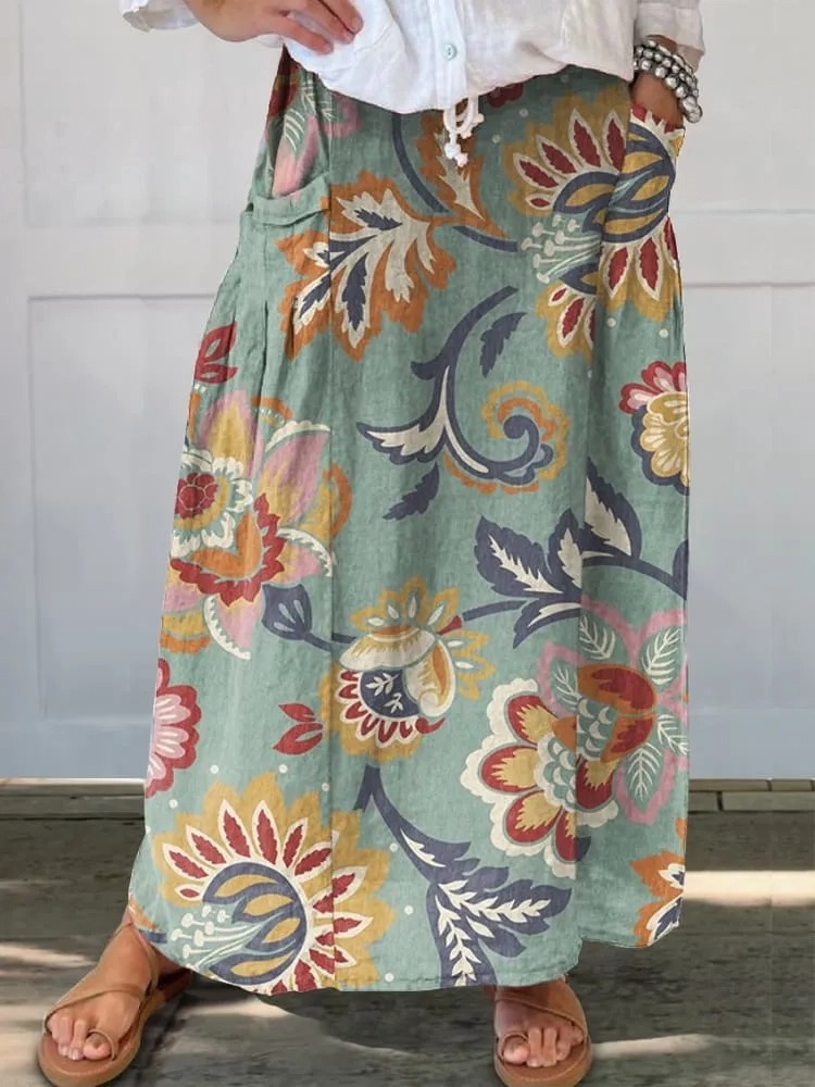 Women's  Floral  Print  Linen Pocket Skirt