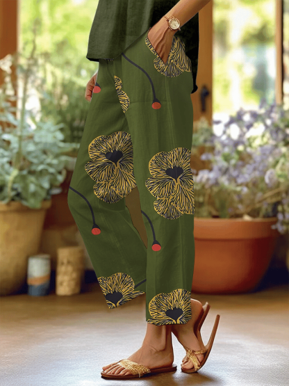 Women's Forest Floral Print Casual Pants (With Pockets)