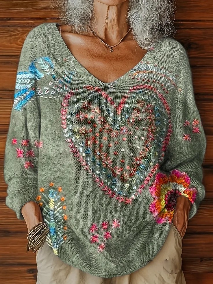 Vintage Bohemian Floral Love Art Print Casual V-Neck Sweater