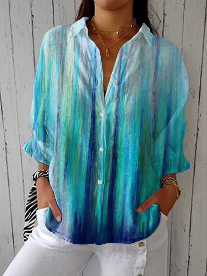 Women's Vintage Gradient Art Print Casual Linen V-neck Shirt