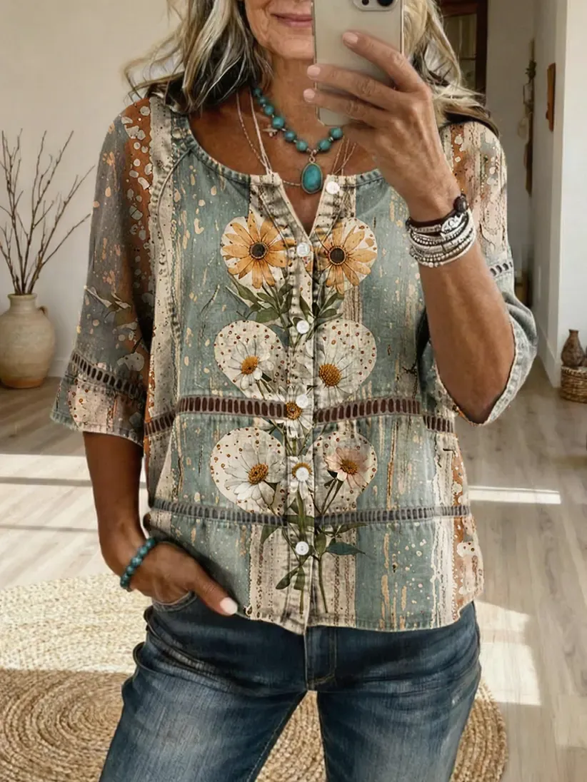 Women's Bohemian Floral Heart Art Print Casual Cutout Top