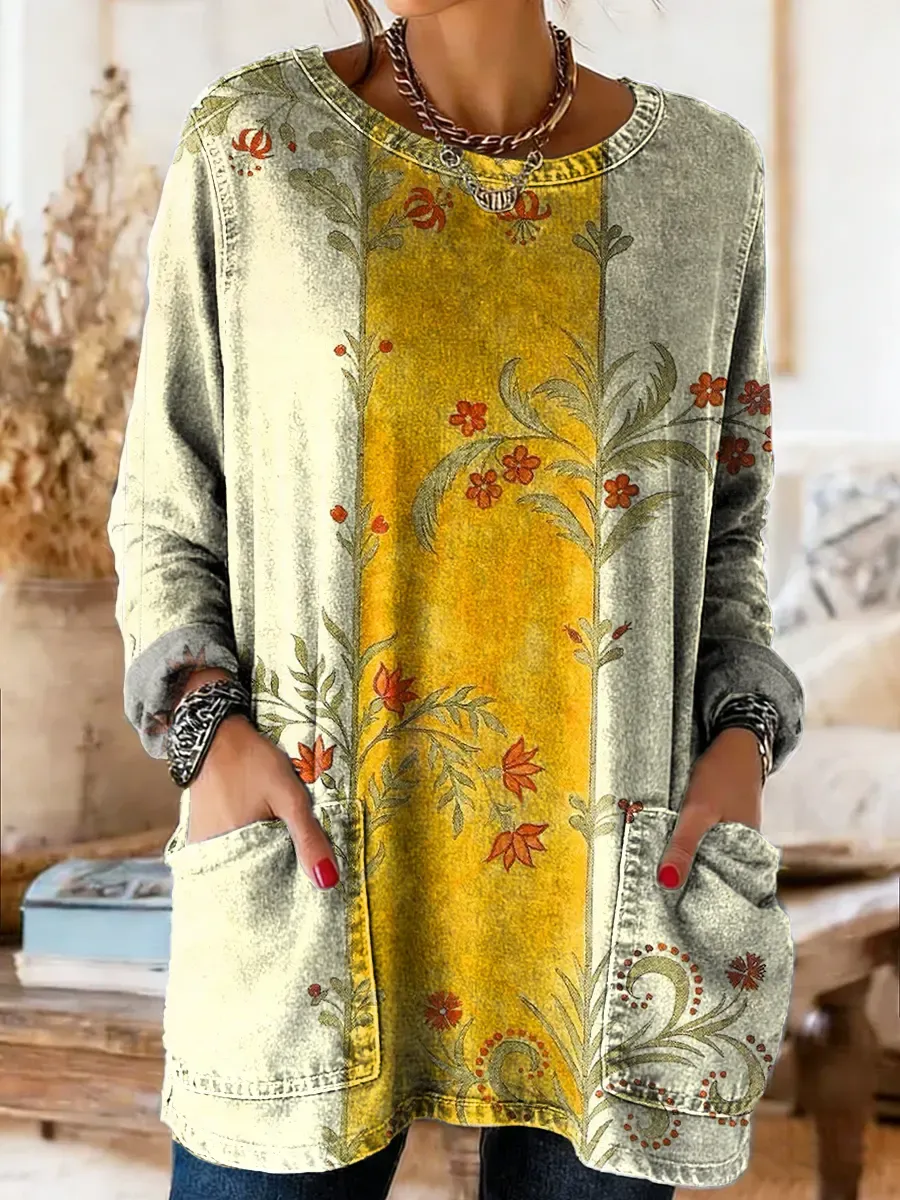 Women's Vintage Ethnic Floral Art Print Casual Long-sleeve Crew Neck P