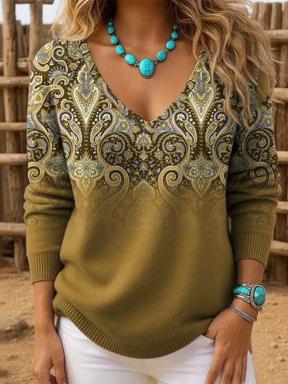 Women's Retro Western Print Drop Shoulder Sweater