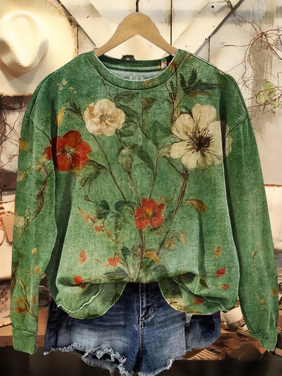 Women's Retro Flowers Print Casual Crew Neck Sweatshirt