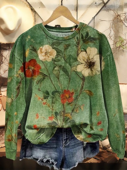 Women's Retro Flowers Print Casual Crew Neck Sweatshirt
