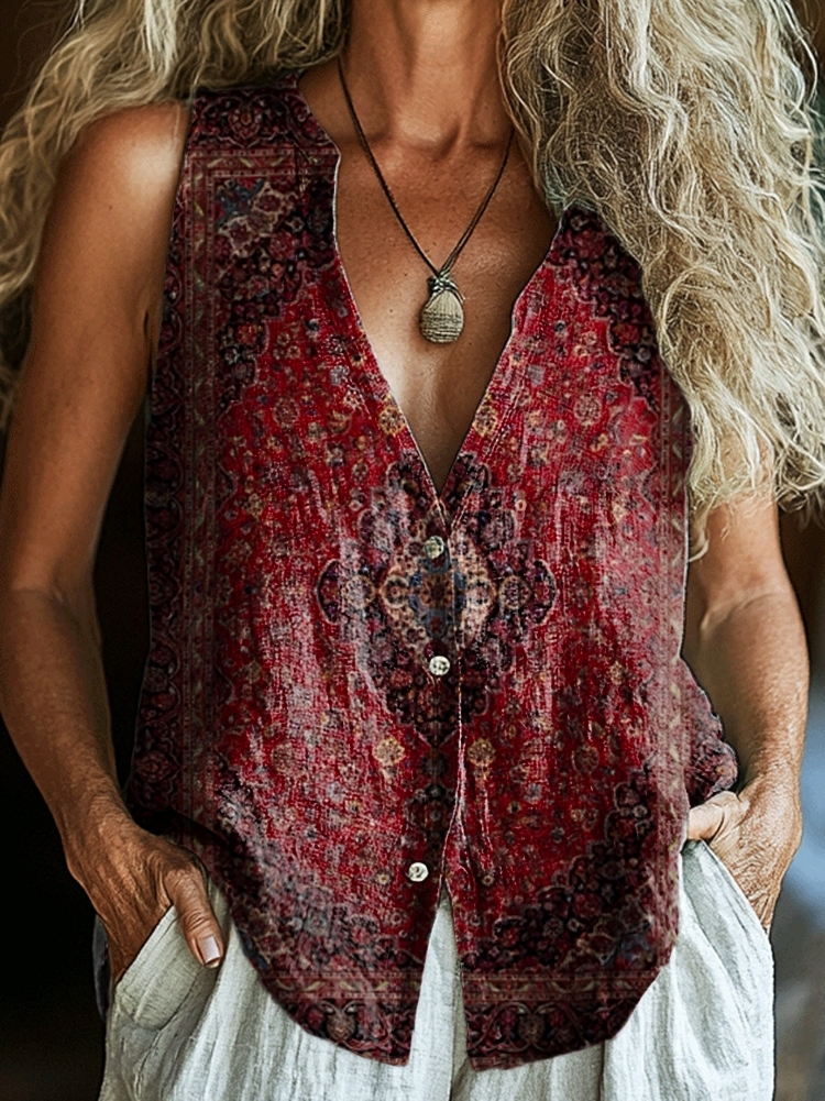 Women's Vintage Ethnic Embellished Printed Sleeveless Cotton Shirt