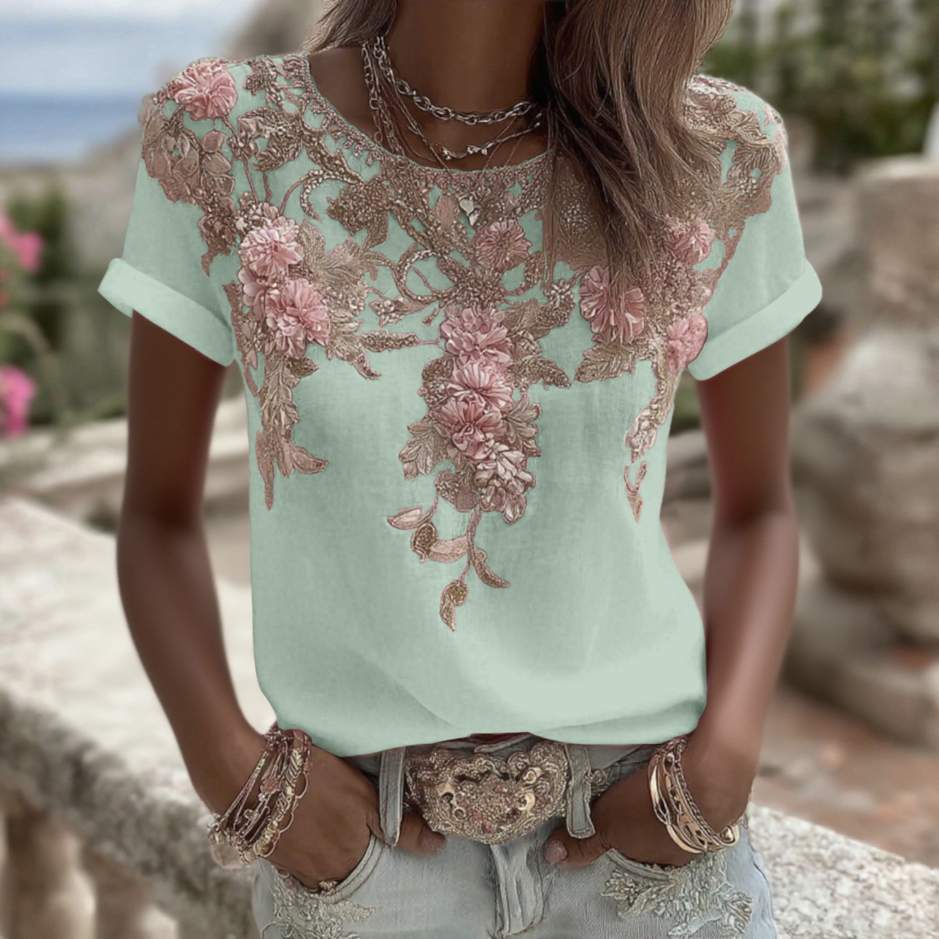 Women's Vintage Pink Rose Embroidery Art Round Neck Short Sleeve Linen Blend T-shirt