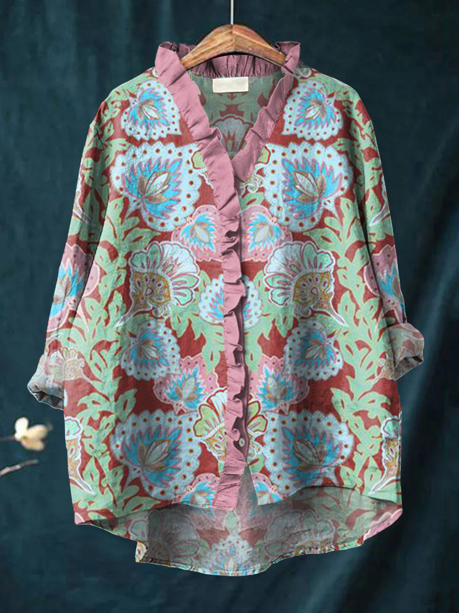 Women's Beautiful Colorful Ethnic Floral Painting Art Print Casual Cotton And Linen Ruffle Shirt