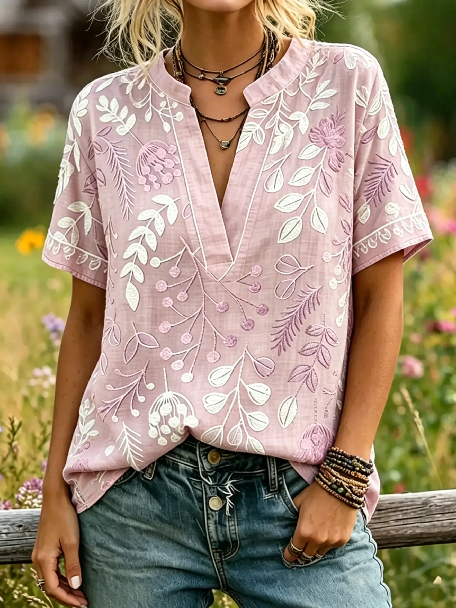 Women's Leaf Floral Print Notch Collar Short Sleeve Top
