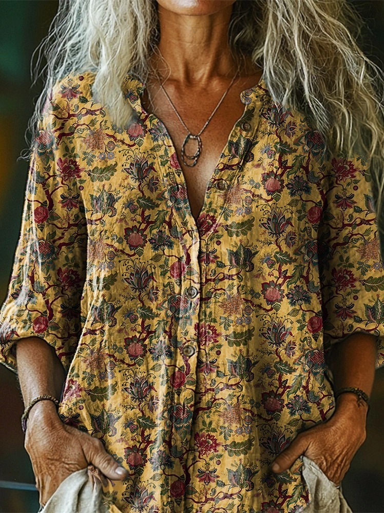 Women's Vintage Weathered Look Ethnic Style Flowers Art Print Casual C