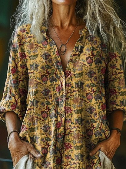 Women's Vintage Weathered Look Ethnic Style Flowers Art Print Casual Cotton Linen Shirt
