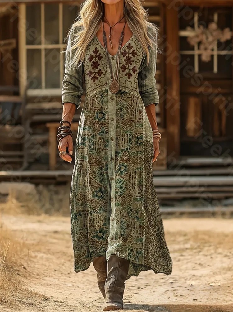 Vintage Ethnic Pattern Art Print Pocket Cotton Dress