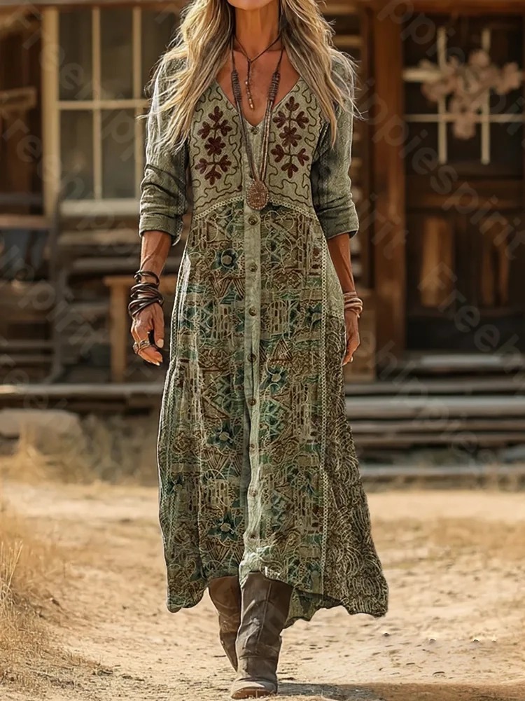 Vintage Ethnic Pattern Art Print Pocket Cotton Dress