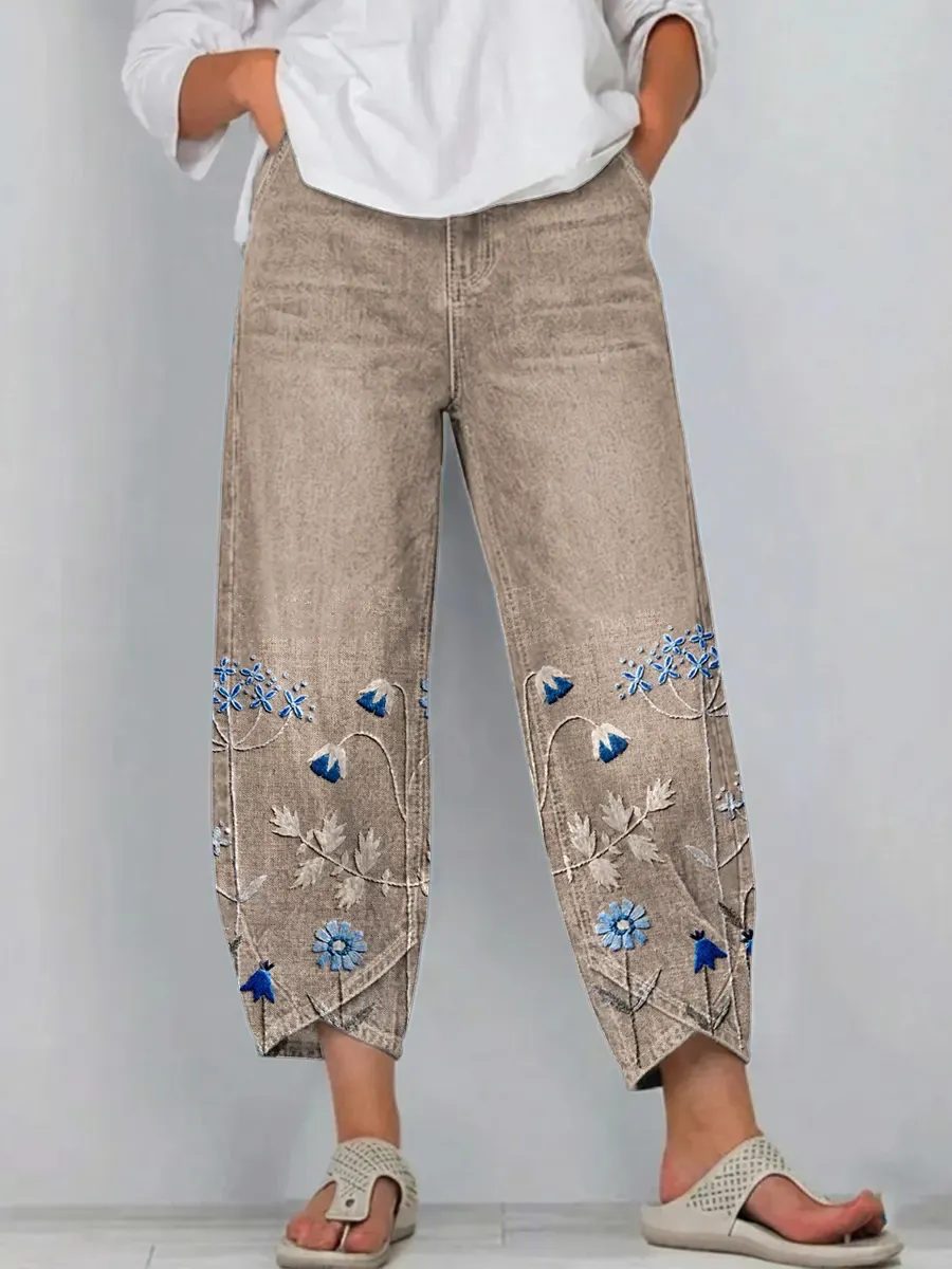Ethnicity Bohemia Flowers Women's Art Pattern Print Casual Denim Cotton Pants