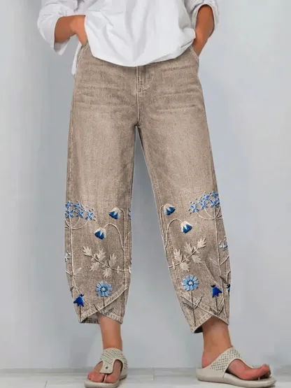 Ethnicity Bohemia Flowers Women's Art Pattern Print Casual Denim Cotton Pants