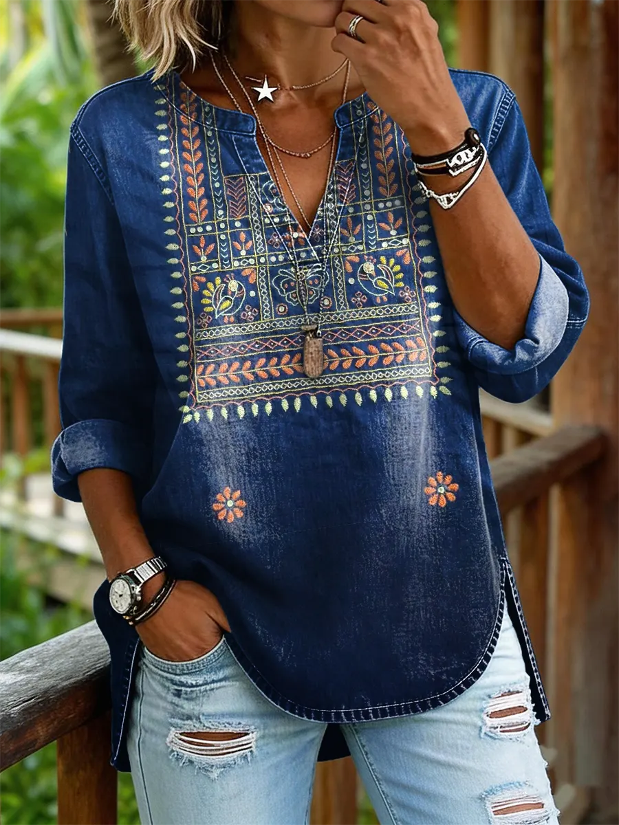 Women's Vintage Floral Print Casual V-neck Washed Cotton Denim Shirt