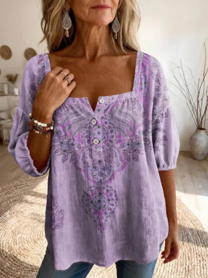 Women's Totem-inspired Vintage Floral Art Print Casual Square-neck Top