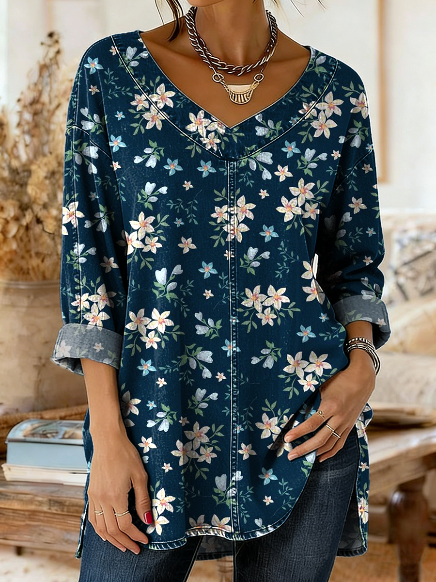 Women's Vintage Ethnic Blue Floral Art Print Casual V-neck Long Sleeve Washed Denim Shirt