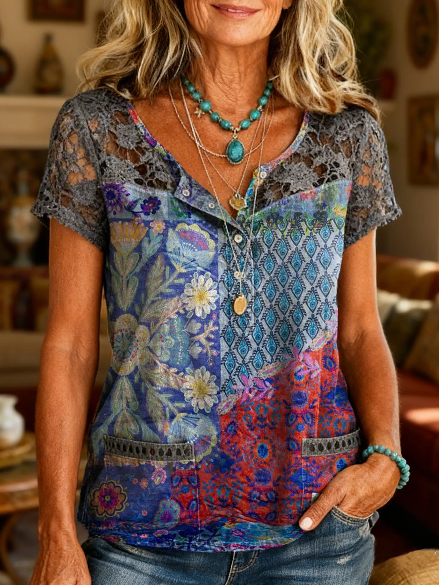 Women's Bohemian Retro Patchwork Floral Art Print Short-Sleeve Top with Cutout Details