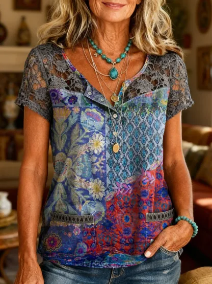 Women's Bohemian Retro Patchwork Floral Art Print Short-Sleeve Top with Cutout Details