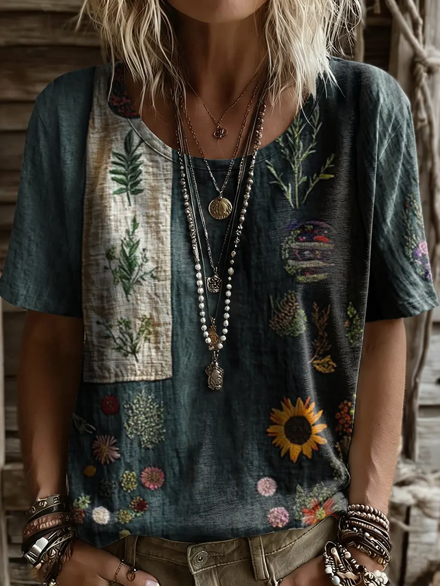 Women's Retro Patchwork Art Print Casual Crew Neck Short-Sleeve T-Shirt