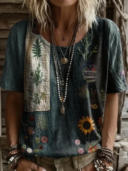 Women's Retro Patchwork Art Print Casual Crew Neck Short-Sleeve T-Shirt