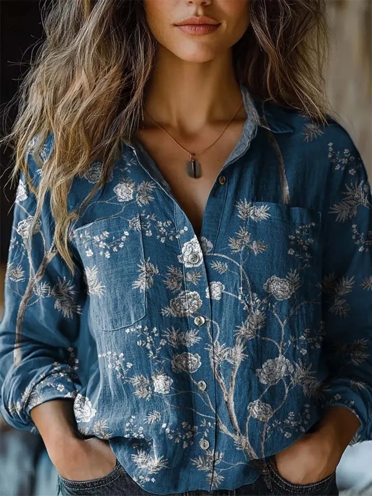 Women's Vintage Lovely Floral Art Print Casual Long Sleeve Comfortable Cotton Shirt