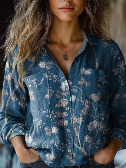 Women's Vintage Lovely Floral Art Print Casual Long Sleeve Comfortable Cotton Shirt