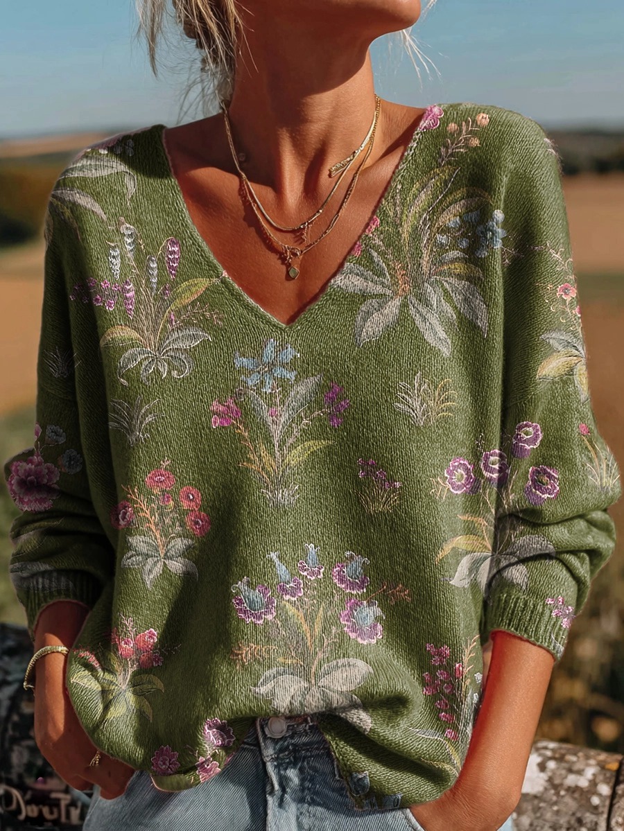 Women's Vintage National Green Flowers Art Print Casual Pullover Sweat