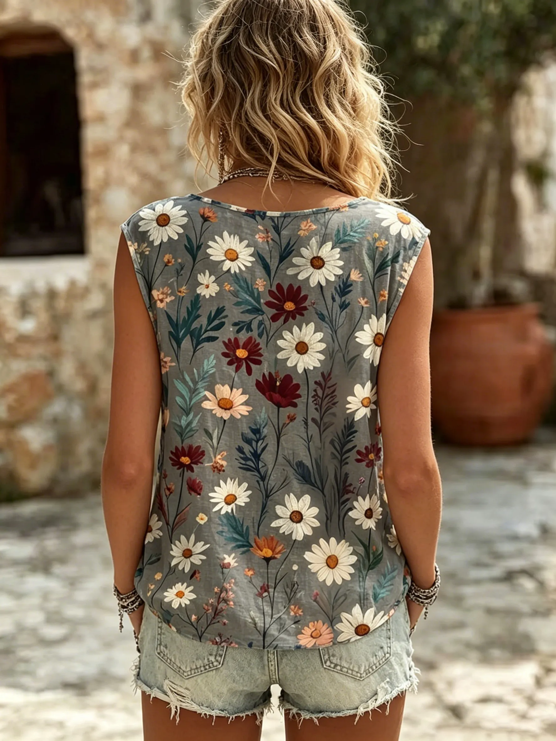 Women's Boho Daisy & Wildflower Print Sleeveless Casual Top