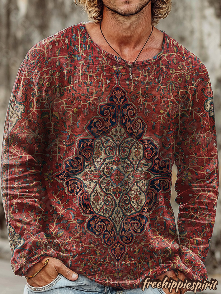 Men's Vintage Ethnic Red Totem Floral Art Print Casual Cotton Shirt