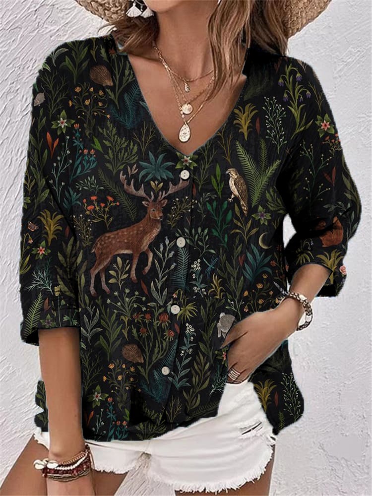 Women's Casual Retro Forest Animal Print Cotton And Linen Shirt