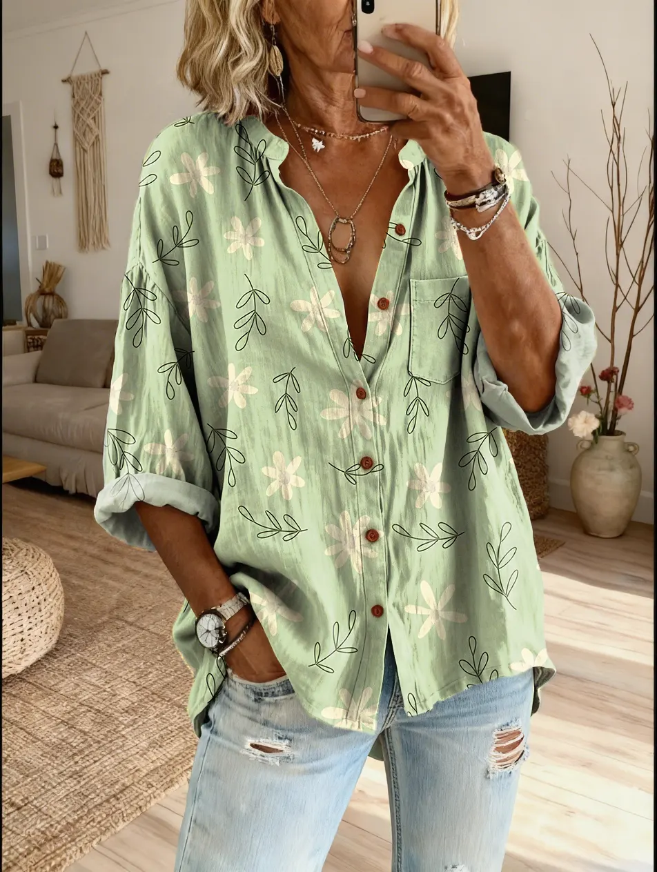 Ethnic Bohemia Flowers Light Green Women's Vintage Art Print Casual Cotton And Linen Shirt