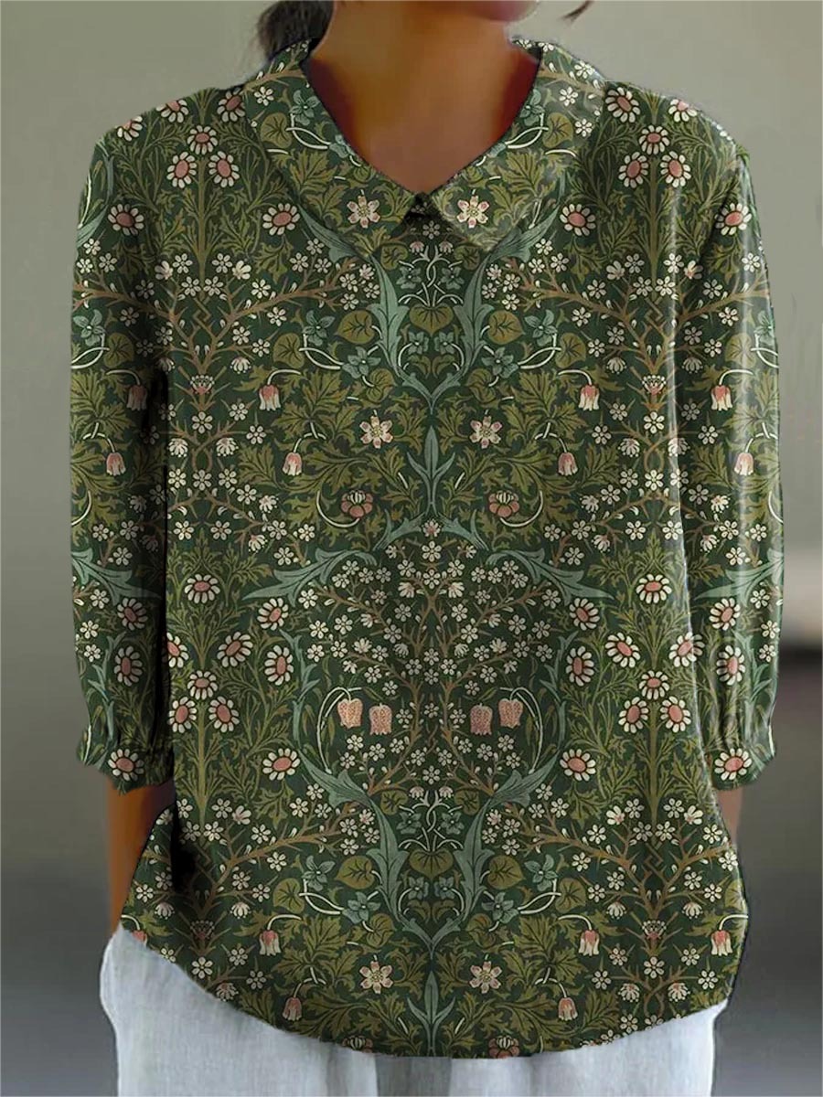 Women's Vintage Lovely Floral Art Print Casual Cotton And Linen 3/4 Sl