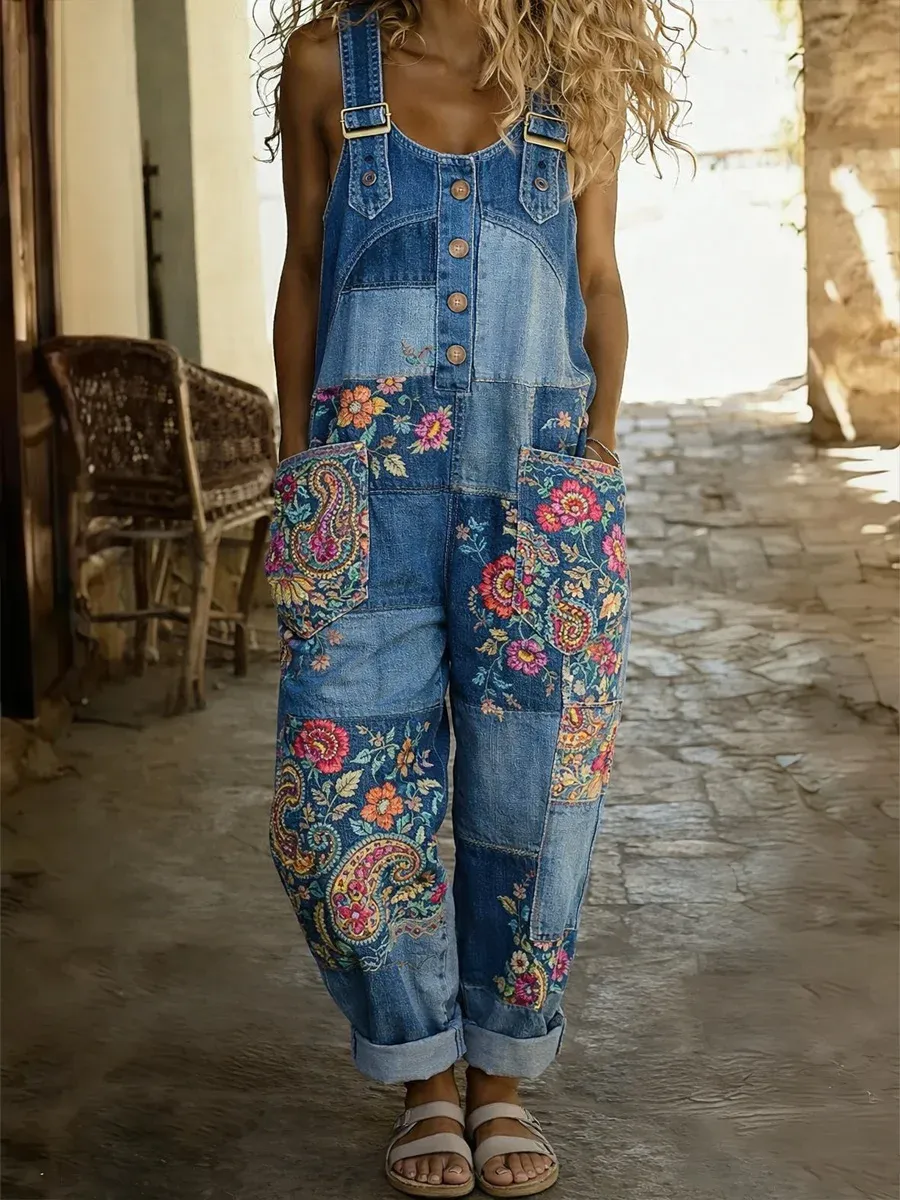 Women's Floral Paisley Embroidered Print Denim Overalls