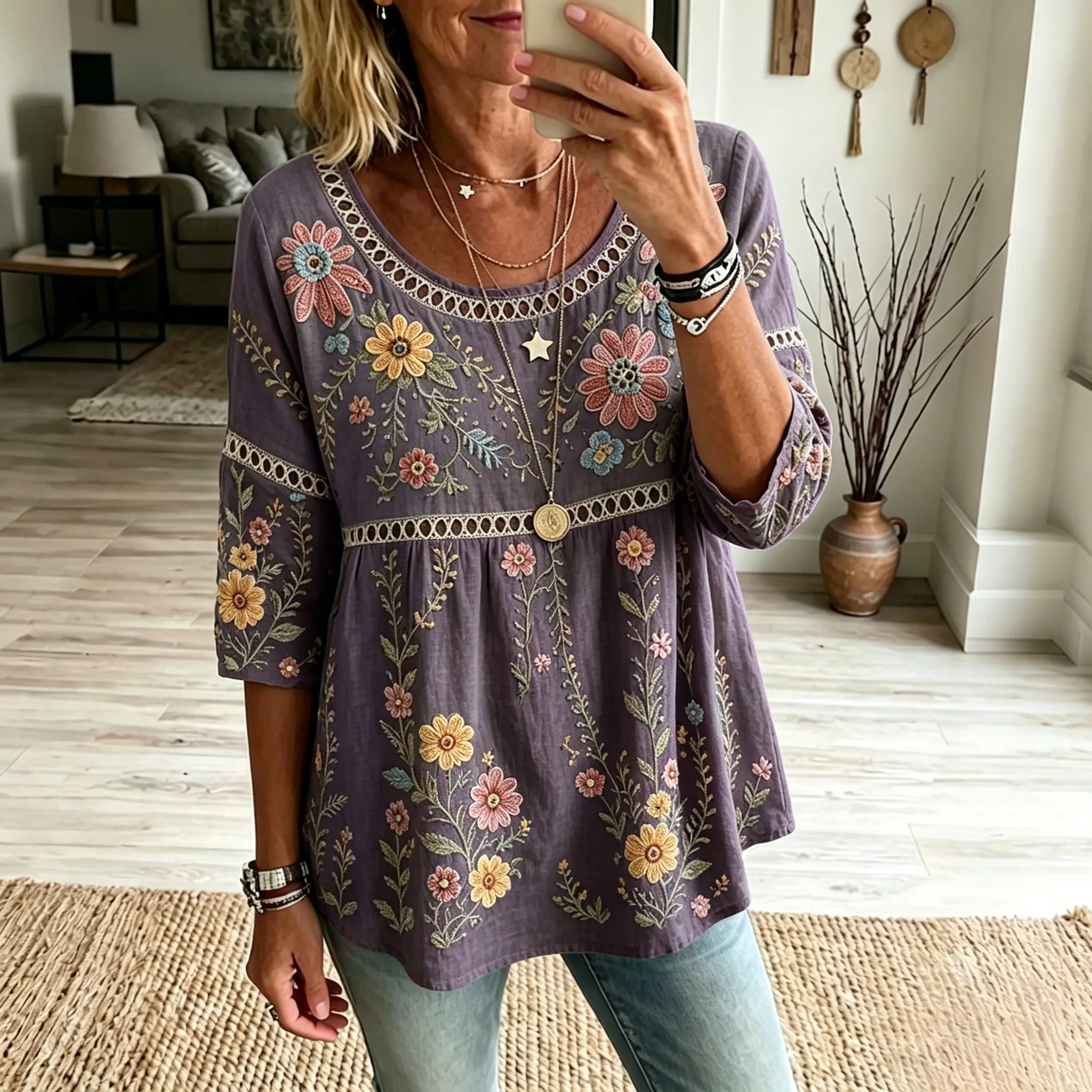Women's Vintage Floral Art Print Flowy Linen Blend Linen Blend Three-quarter Sleeve Casual Tops