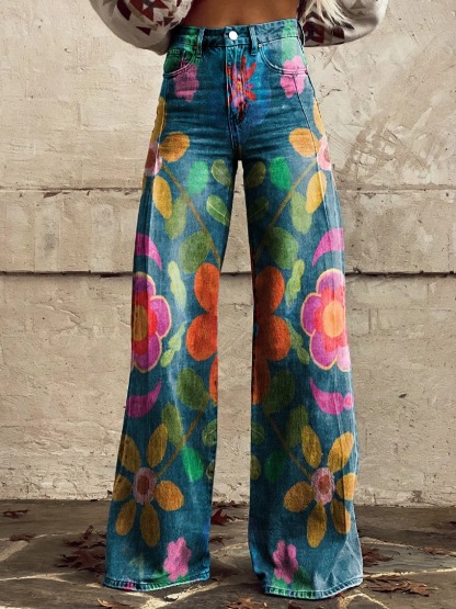 Women's Bohemian Floral Art Print Casual Cotton Linen Shirt