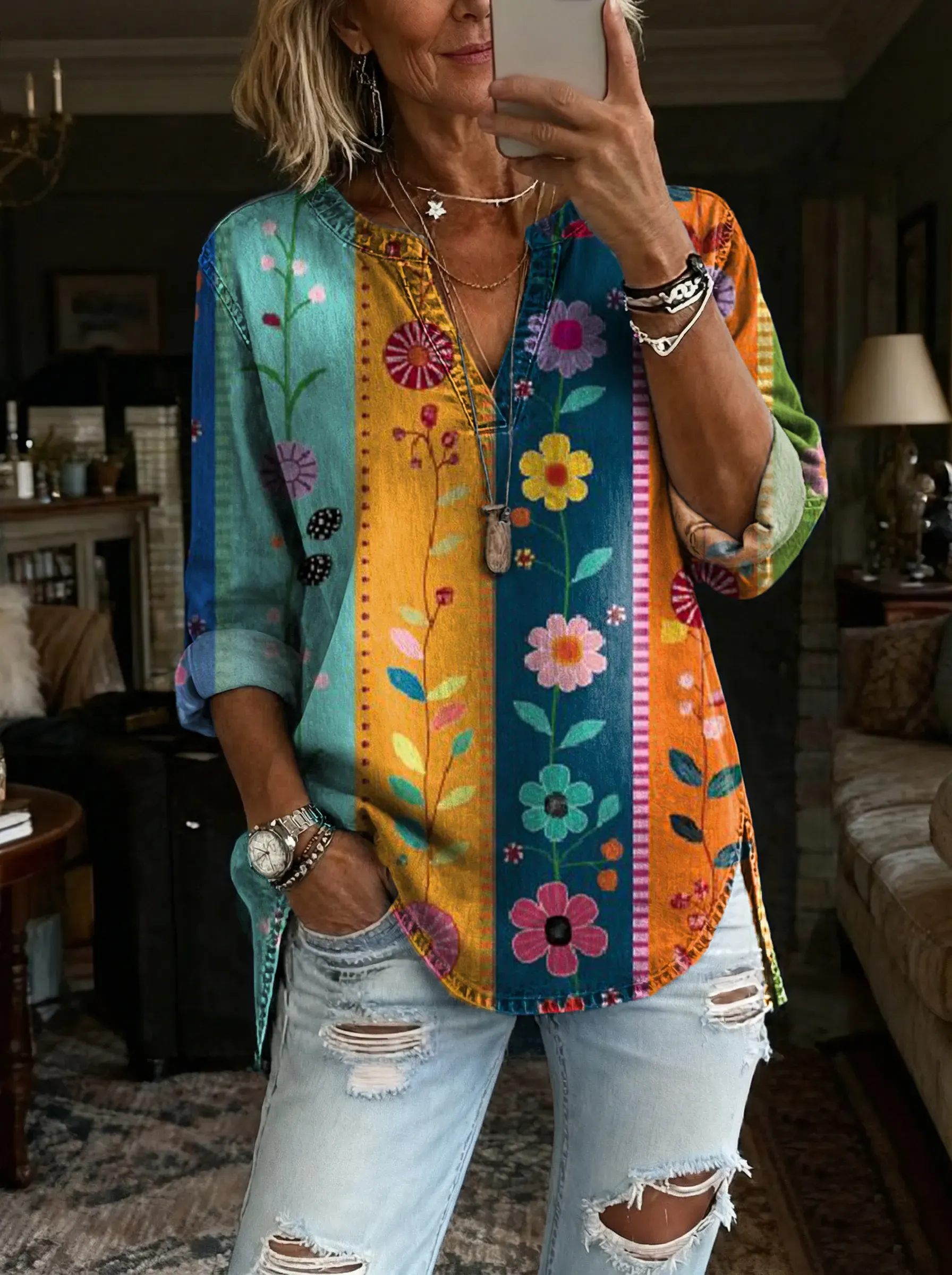 Women's Bohemian Colorful Floral Art Print Casual V-Neck Washed Cotton Denim Top