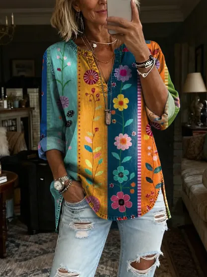 Women's Bohemian Colorful Floral Art Print Casual V-Neck Washed Cotton Denim Top