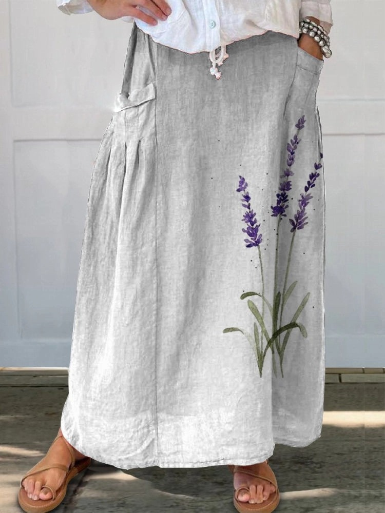 Watercolor Lavender Floral Printed Women's Linen Pocket Skirt