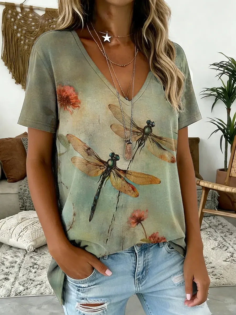 Women's Dragonfly Floral Art Print V-Neck Short-Sleeve Cotton T-Shirt