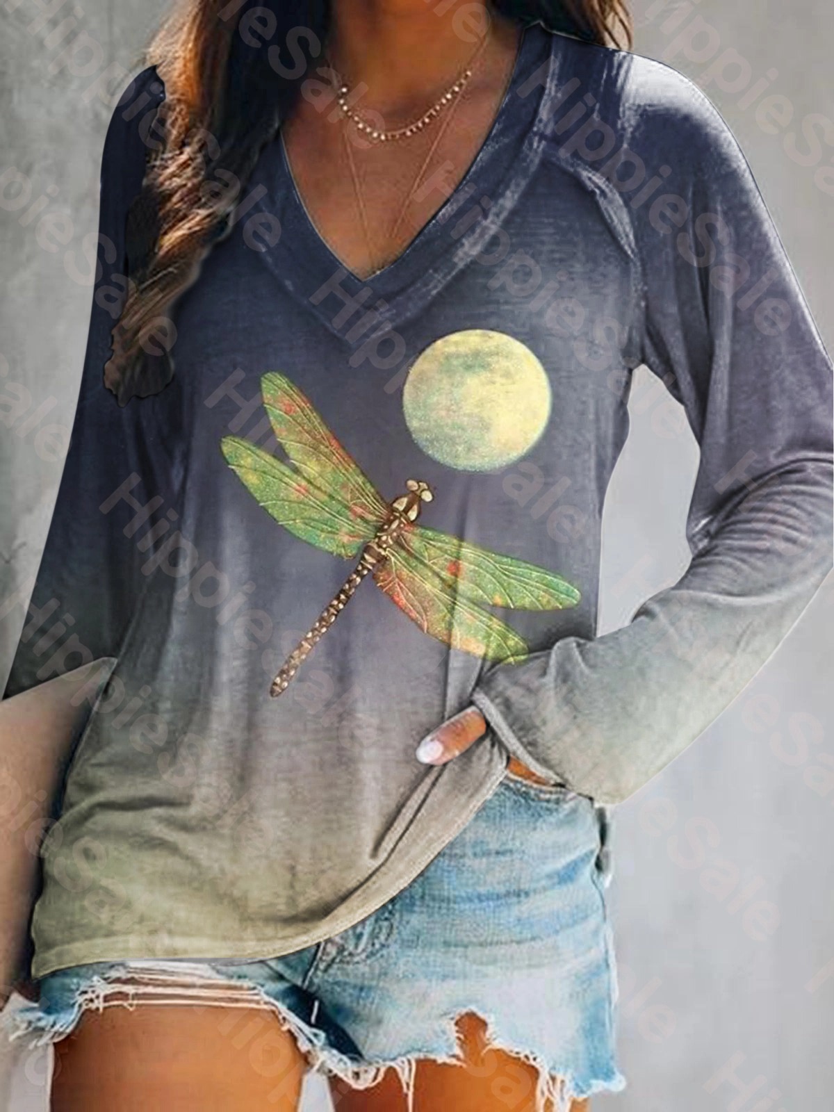 Women's Vintage Dragonfly Moon Art Print Casual Long Sleeve T-shirt