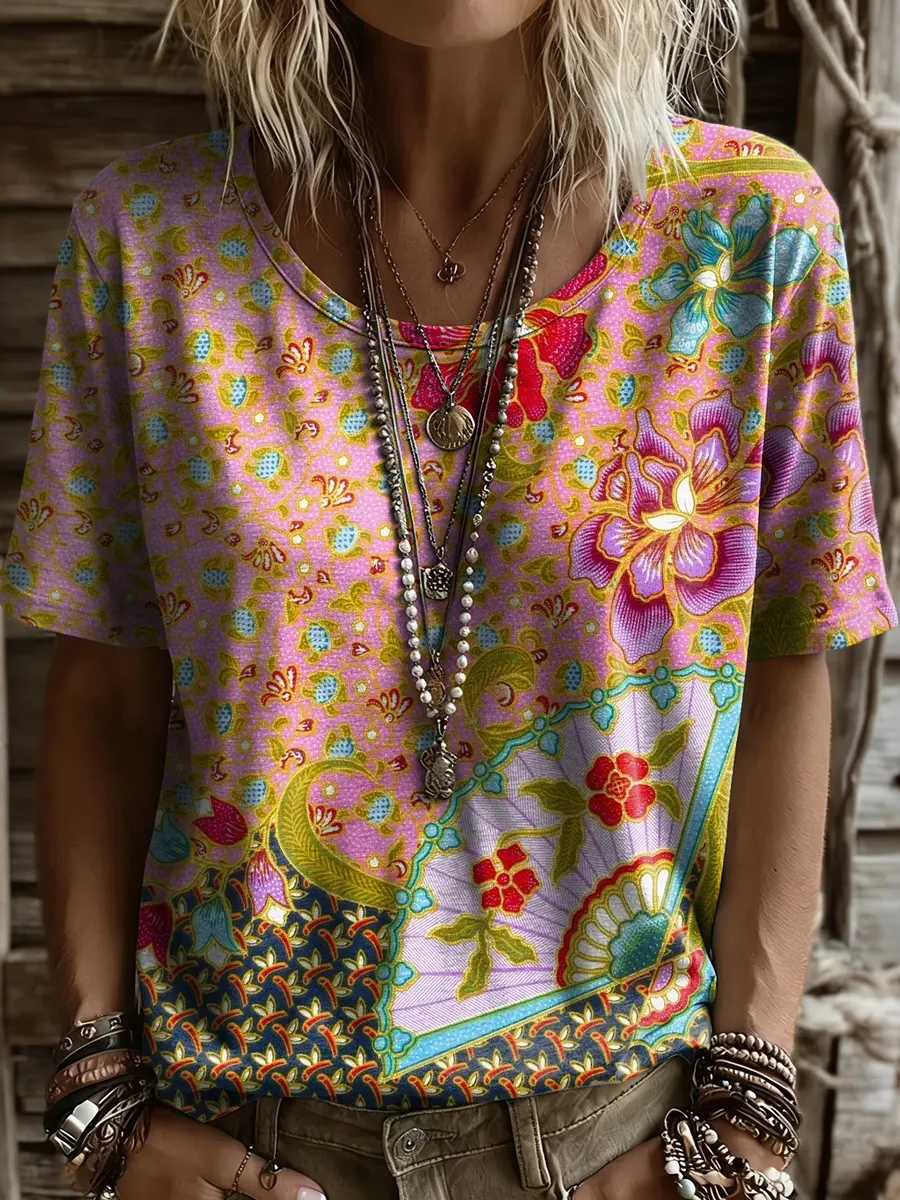 Women's Retro Ethnic Floral Print Round-neck Short-sleeve T-shirt