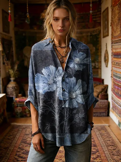 Women's Retro Floral Art Print Casual Long-Sleeved Cotton Linen Shirt