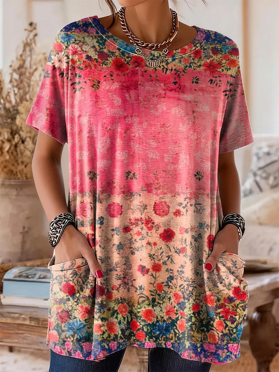 Women's Vintage Floral Pattern Art Print Casual Short-sleeve Crew Neck Pocket Cotton T-shirt